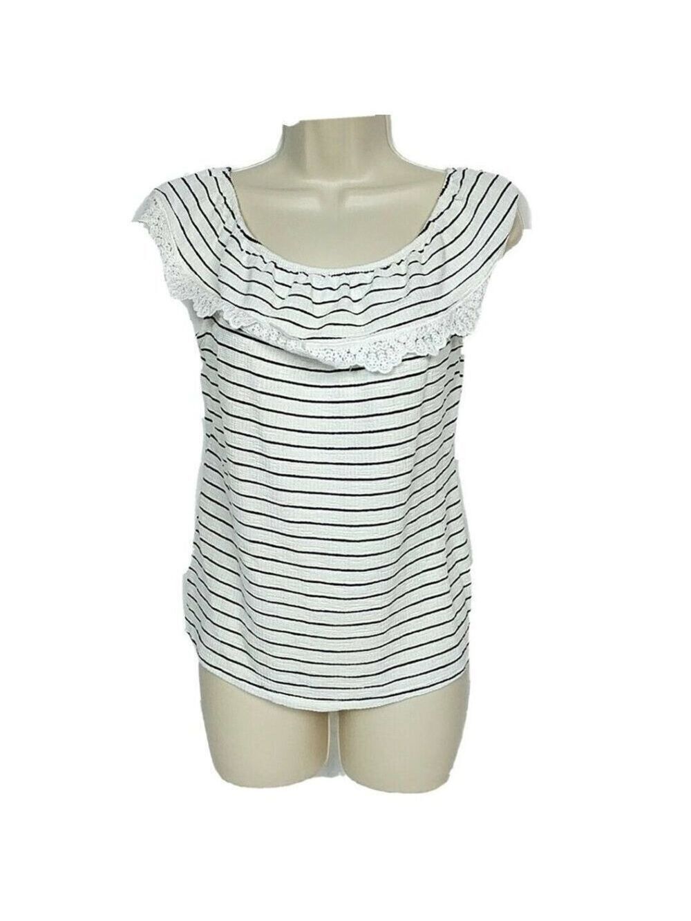 Cato Black White Stripe Lace Fringe Blouse Top Small